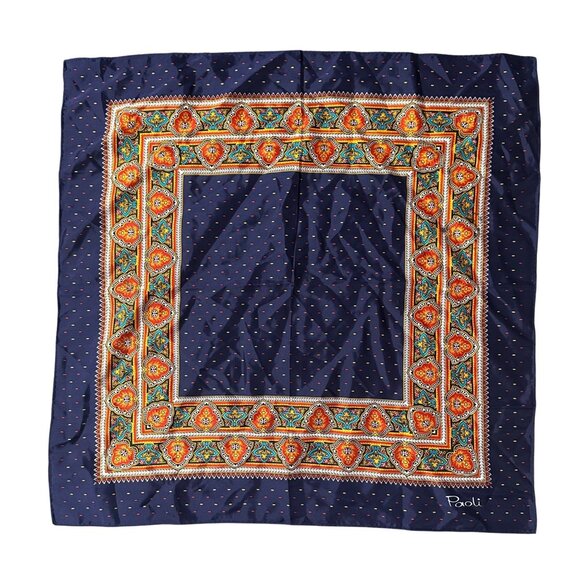 Vintage Scarf Blue Orange Teal Paoli Acetate Japan Retro Fashion Accessory - Picture 2 of 9